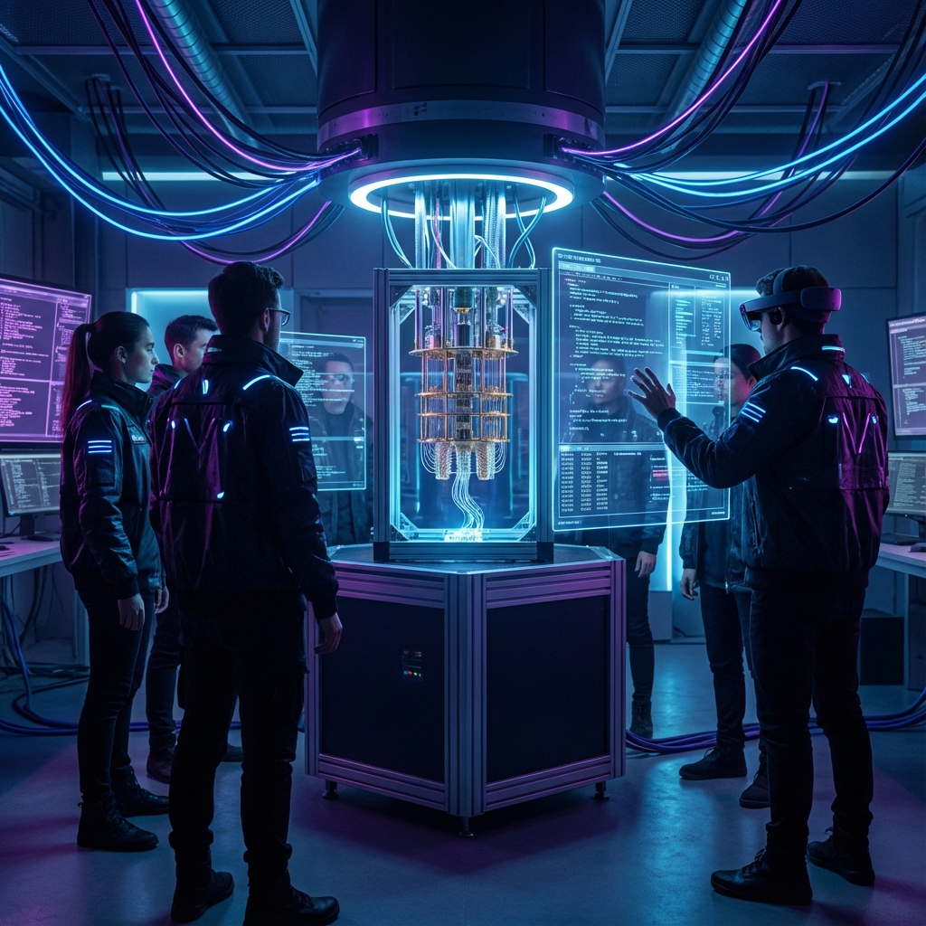 AI researchers in a lab, futuristic setting